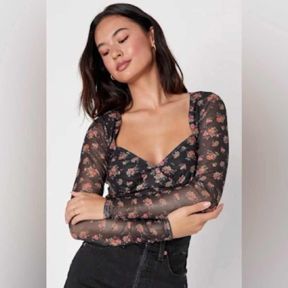 Lulu's Black Floral Mesh Body Suit